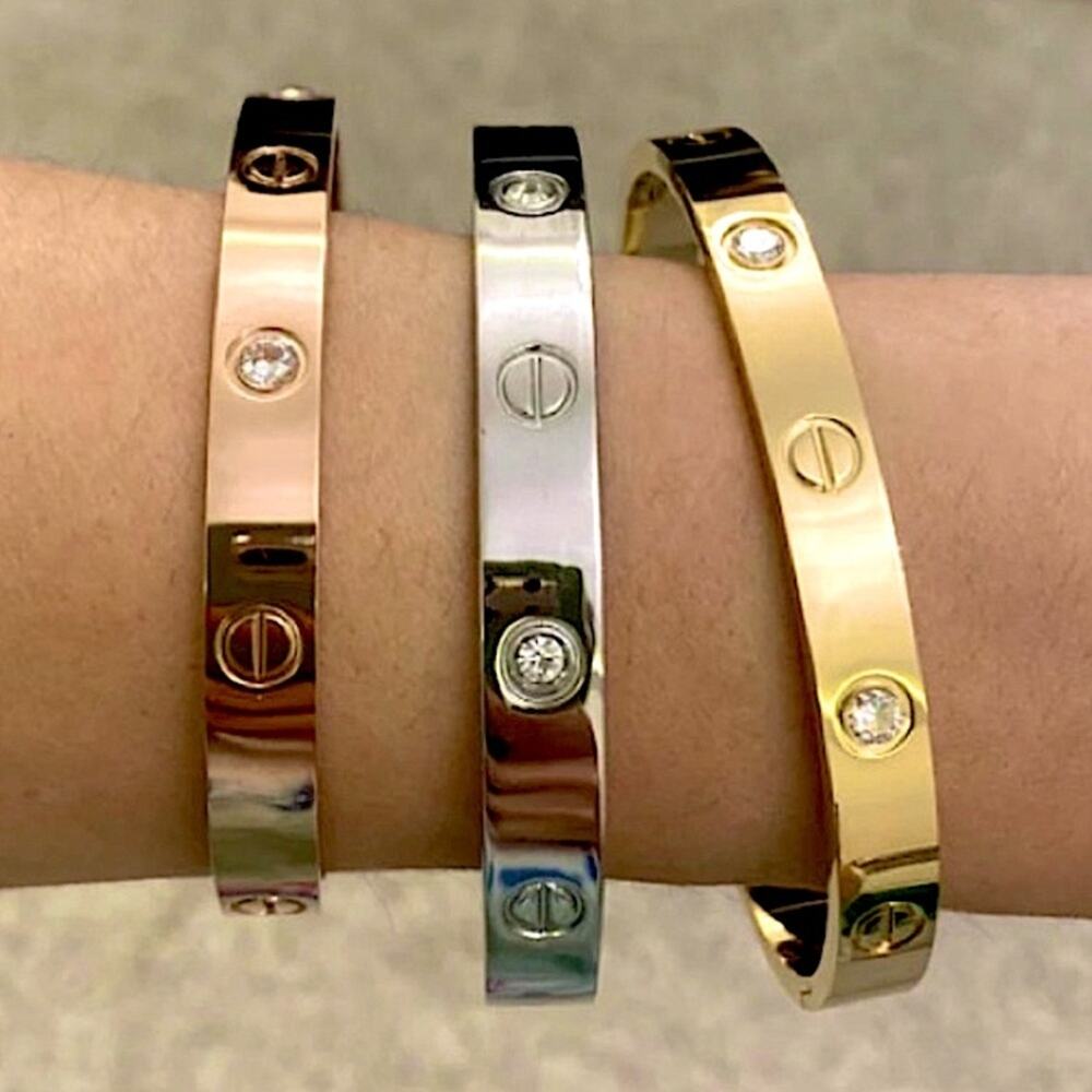 Set of 3 Gold Plated LOVE Screwdriver Bangle Bracelets Crystal Stones Stackable